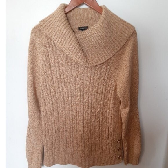 Talbots Women's Cable Knit Medium Cowl Neck Caramel Brown Sweater Long Sleeve - Picture 5 of 10